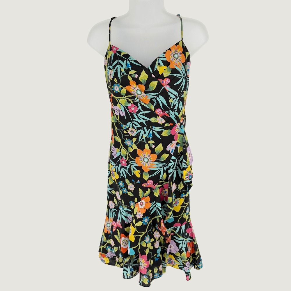 J.Crew Liberty Pavilion Black Floral Ruffle Knee Length Dress Sz 12 Cotton Pleat